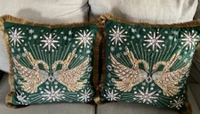 2x Anthropologie Catherine Martin Throw Pillow Starry Night Embroidered Green