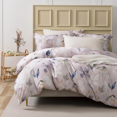 100% Long-Staple Cotton Duvet Cover Set Light Gray Pink Floral Leaf Pattern