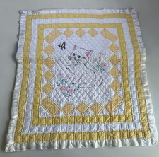 Vintage Handmade Baby Quilt Embroidered Cat Kitten Blanket Satin Yellow White