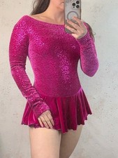 Mondor Hot Pink Sequin Velvet Skating Dance Leotard with Skirt Adult Medium