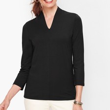 TALBOTS PETITES Sz PS Black Platinum Jersey High V-Neck Long Sleeve Top NWT