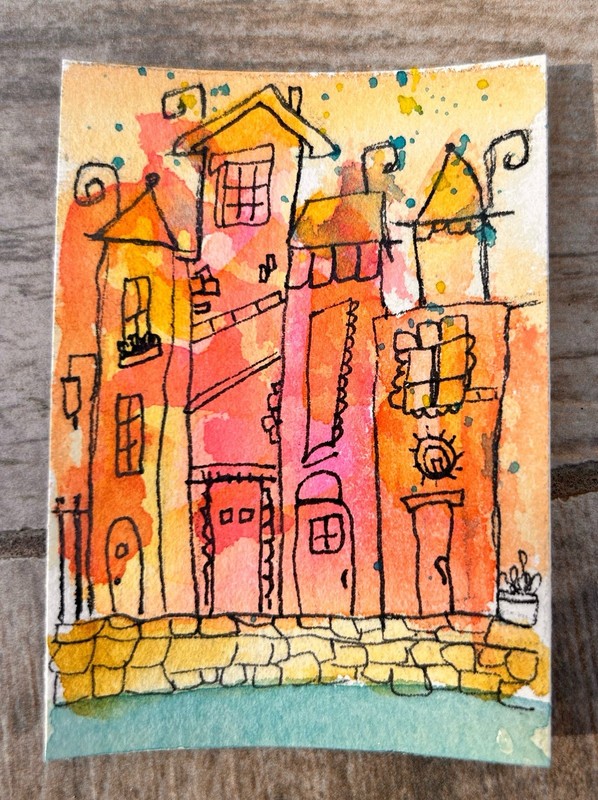 ACEO City On The Canal Original Watercolor Small Art Card Colorful Buildings