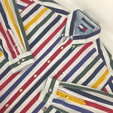 Vintage Tommy Hilfiger Button Down Shirt Men's Large Crest Logo Color Stripe 90s