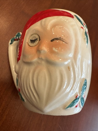 Vintage Set Of 2 MCM Winking Santa Claus Christmas Mugs 1960s Blinking Eye 3” - Picture 9 of 11