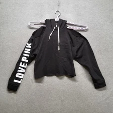 Victoria's Secret PINK Women Hoodie L Black Fleece LOVE Cold Shoulder