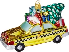 Kurt Adler NYC Checker Taxi with Tree Glass Ornament, 5.35-Inch
