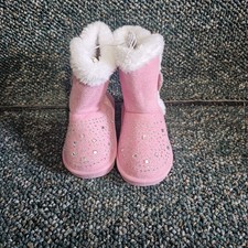 Girls Boots Size 5 Pink Faux Fur Rhinestone Heart Winter Cozy Boots
