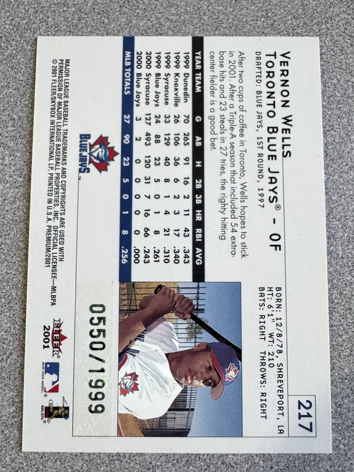 2001 Fleer Premium Vernon Wells Premium Prospects Rookie Card /1999 #217 - Image 2 of 2