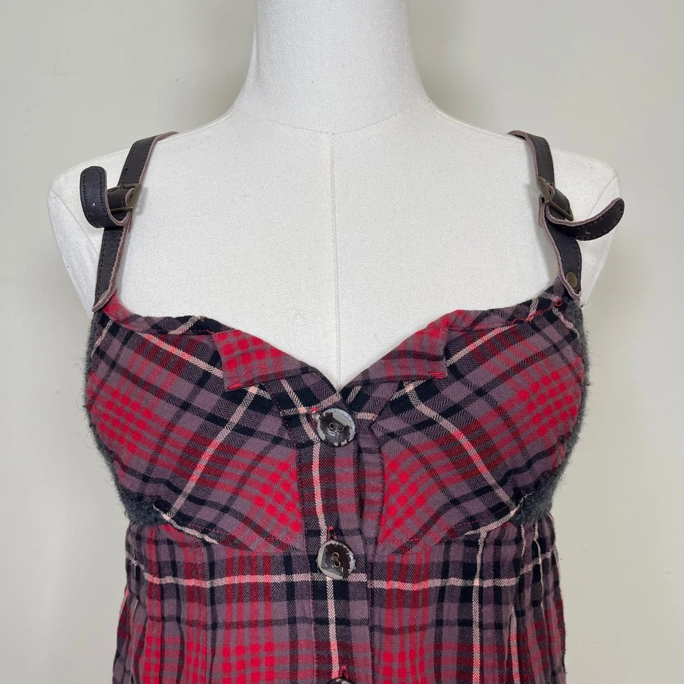 Mini Vestido Vintage Free People Rojo a Cuadros Botón Frontal 2 Bordes de Encaje Correa de Cuero Foto 2 de 4