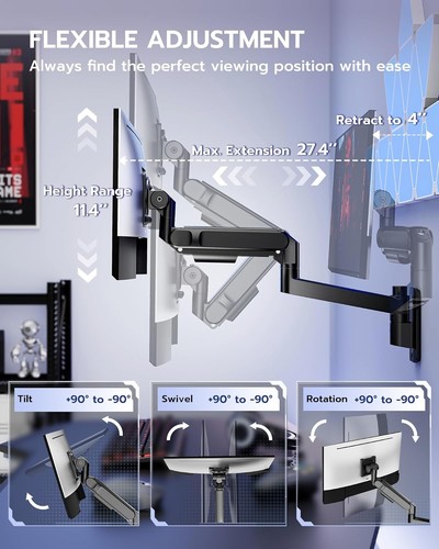ARES WING Wall Mount Arm for 24–57" Ultrawide Monitors, 60 lbs, VESA, Black - Picture 5 of 9