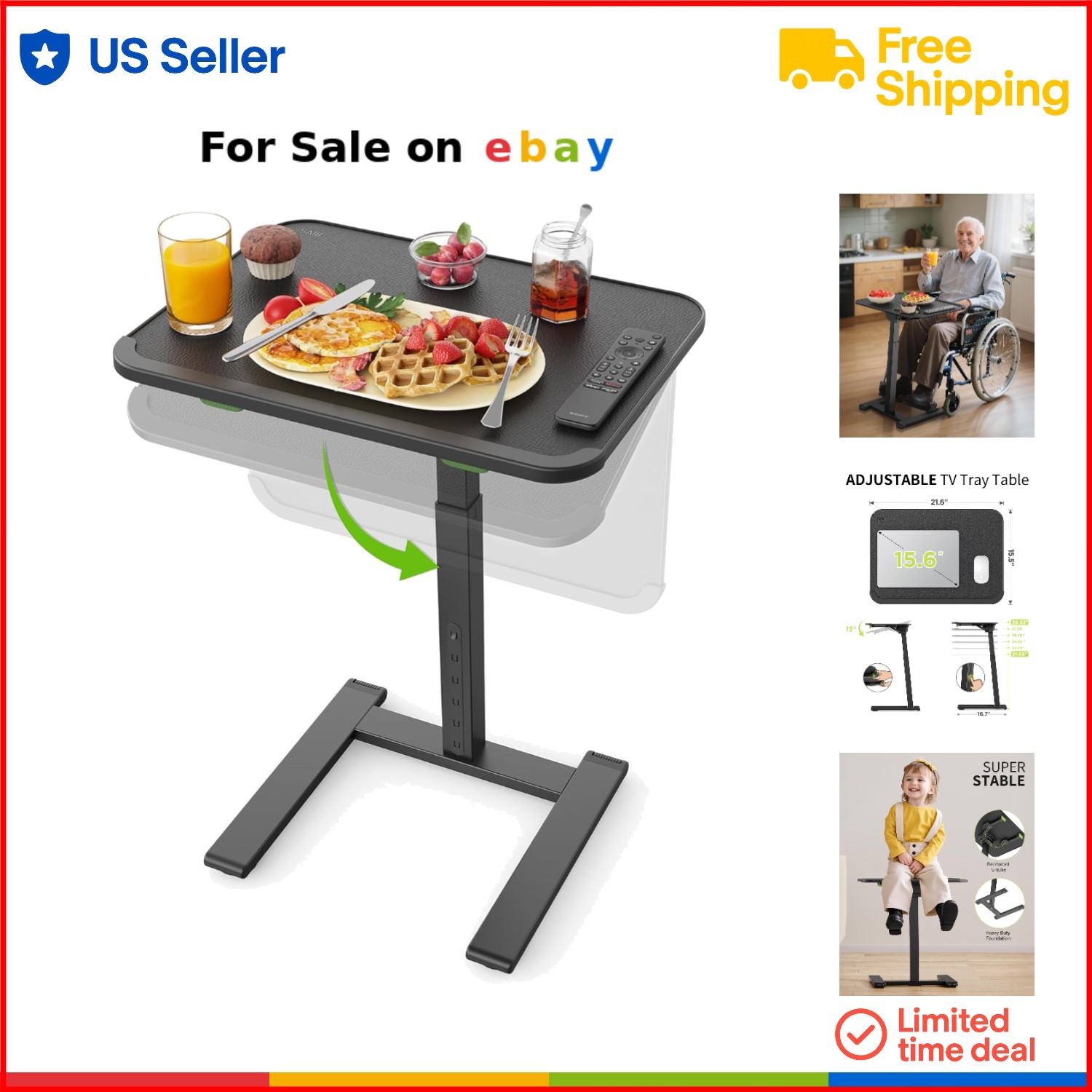 TV Tray Table Metal Adjustable Height Foldable Sofa Couch Bed Portable