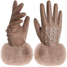 Winter Gloves - Leather Gloves for Women, Warm Lined Touchscreen Diamond Brown