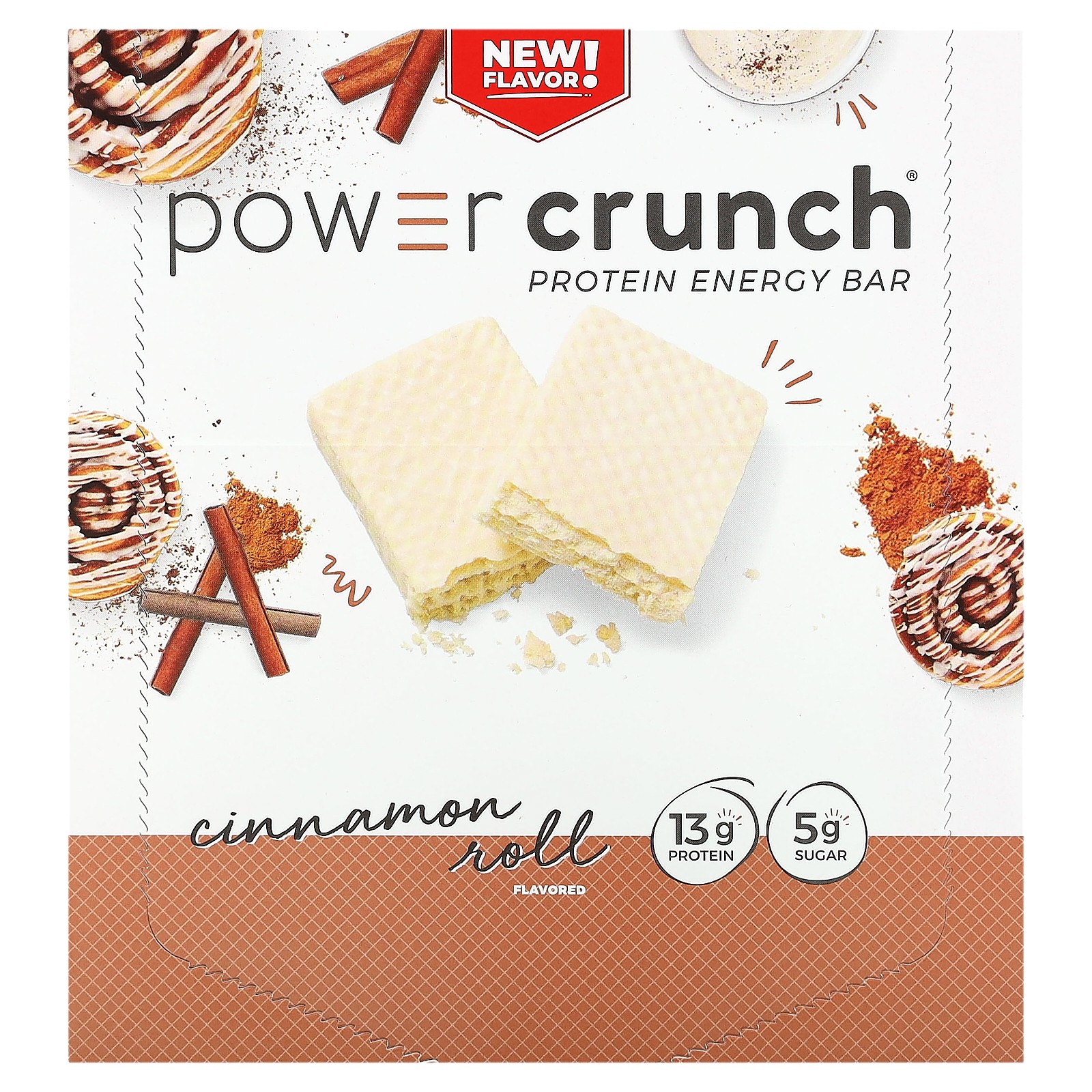 Протеи энергетический батончик Power Crunch, Булочка с корицей, 12 батончиков, по 1,4 унции (40 г) каждый