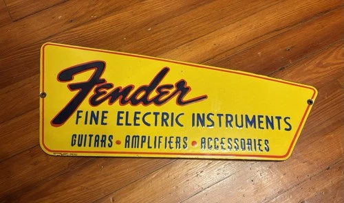 60s Vintage Fender Guitars Authorized Dealer Yellow Metal Sign - Not the Repo