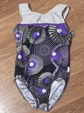 Vintage Destira Gymnastics Leotard Geometric Circles Purple Black AS IS CM