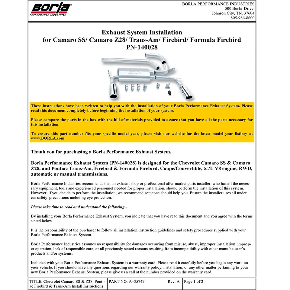 Borla 140028 S-Type Cat Back Exhaust for 1998-2002 Camaro SS Z28 Firebird 5.7 V8 - Image 3 of 4