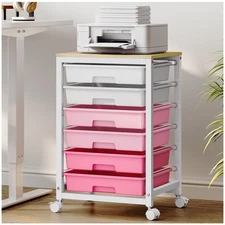 Utility Cart With 6 Drawers and Wooden Tabletop, Storage Cart on Wheels for O...