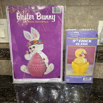 VINTAGE BEISTLE ''EASTER BUNNY'' & CLEO ''CHICK in EGG'' HONEYCOMB CENTERPIECES