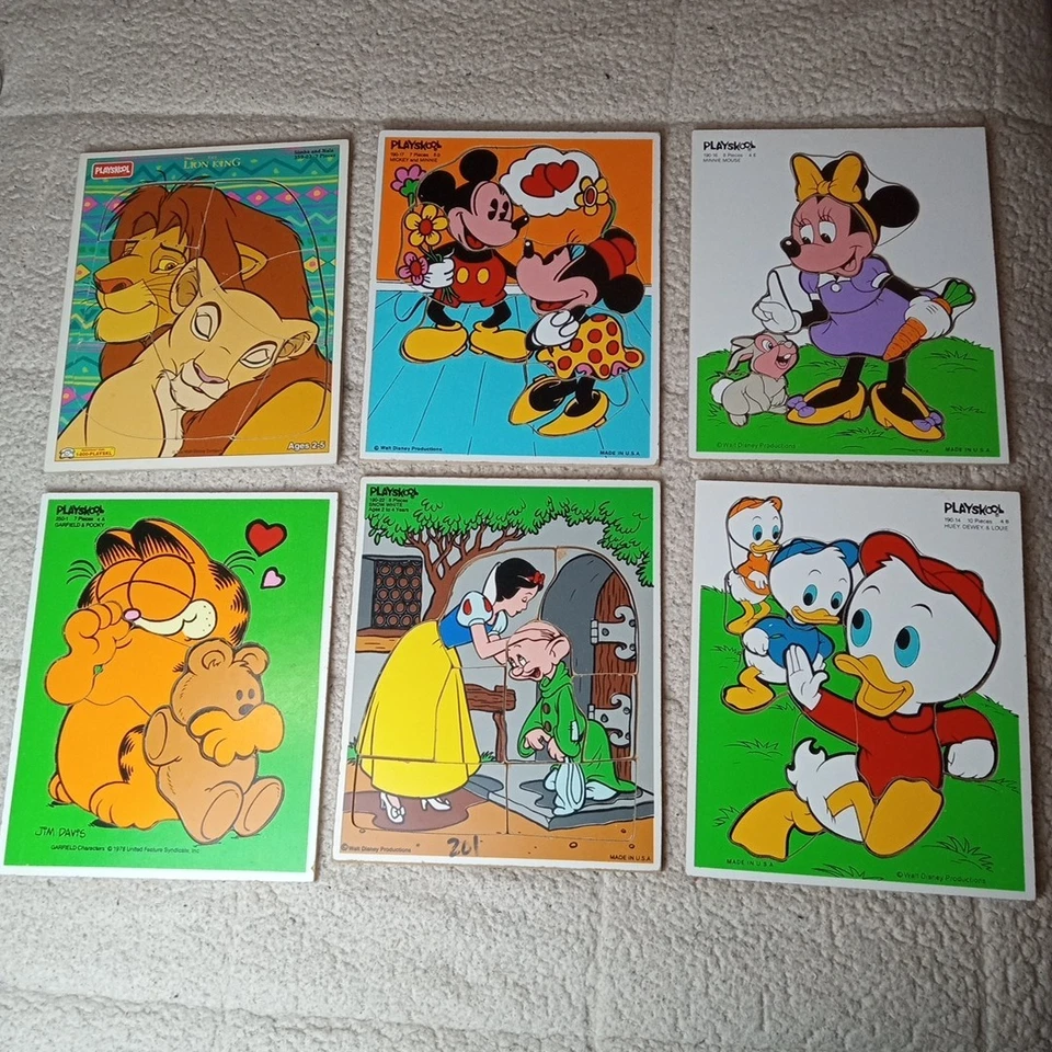 6 rompecabezas de madera de nieve Huey de colección Playschool Disney Garfield Mickey Minnie Lion Estados Unidos Foto 3 de 4