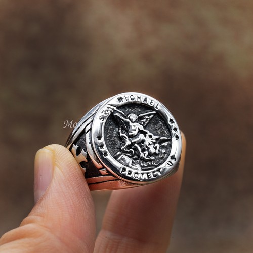 Mens Stainless Steel Catholic Signet St Saint Michael Ring Size 7-15 Gift - Picture 3 of 6