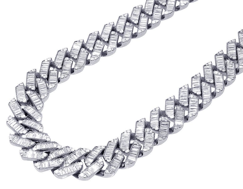 Baguette Glass Cuban 46 1/2 CT Real Diamond Necklace 18MM White Gold 16"-24"