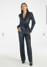 Just Fab Womens Small Navy Sequined Open Front Blazer W/ Trouser Party Glam Nwt