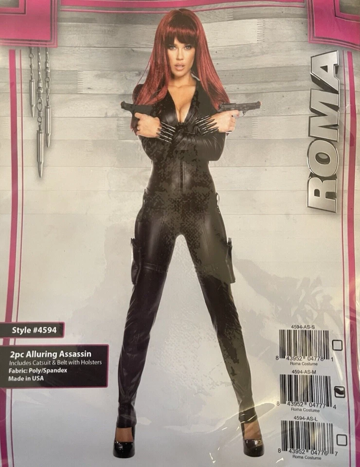 New Roma Assassin Black Faux Leather Catsuit Jumpsuit Costume Set + Guns Medium - Image 2 of 4