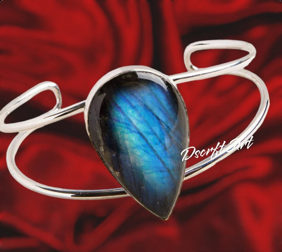 Labradorite Pear Shape Gemstone Cuff Bangle, 925 Silver Adjustable Bracelet - Image 3 of 4