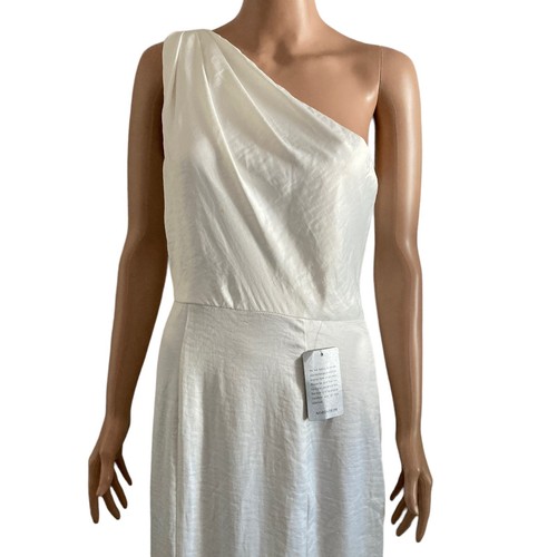 Chi Chi London Dress Womens Size 6 One Shoulder White Satin Chiffon Front Slit - Picture 6 of 12