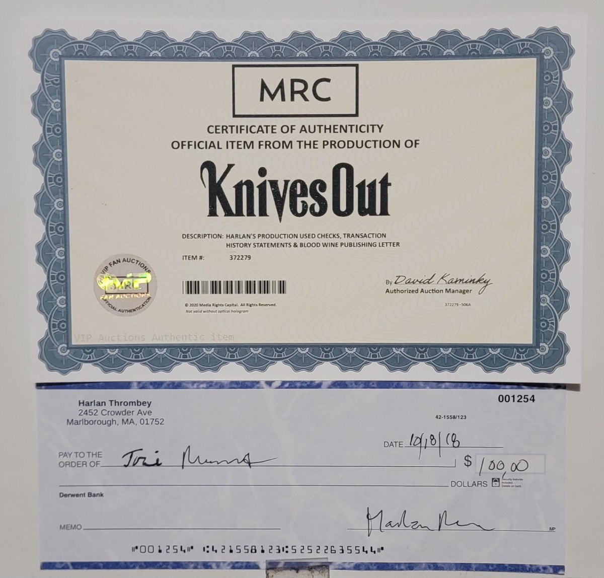 Knive's Out Production Used Movie Check Prop Harlen Thrombey
