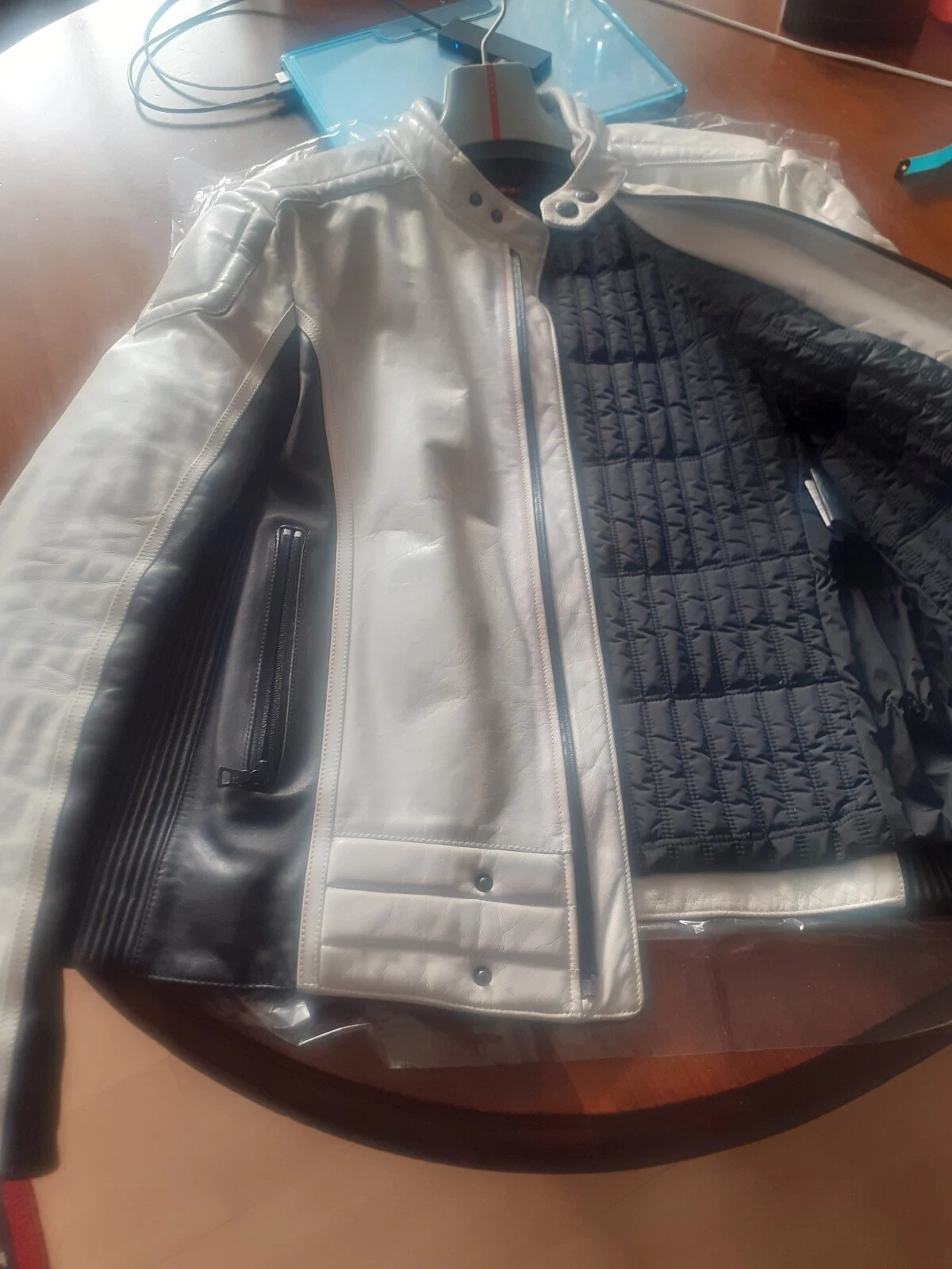 Giacca biker uomo $3k PRADA nero bianco lusso pelle imbottita US42 IT52 L Italia