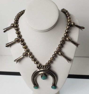 Native American  NA Squash Blossom Necklace 24'' Turquoise .925 Navajo Design VTG