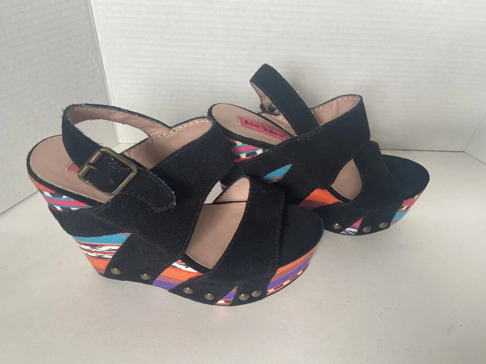 Betsey Johnson Strappy Black Suede Chunky Platform Size 7 Boho Indie Festival - Изображение 2 из 4