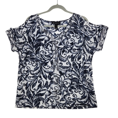 INC International Concepts Cold Shoulder Top Large Artsy Embellished Deco