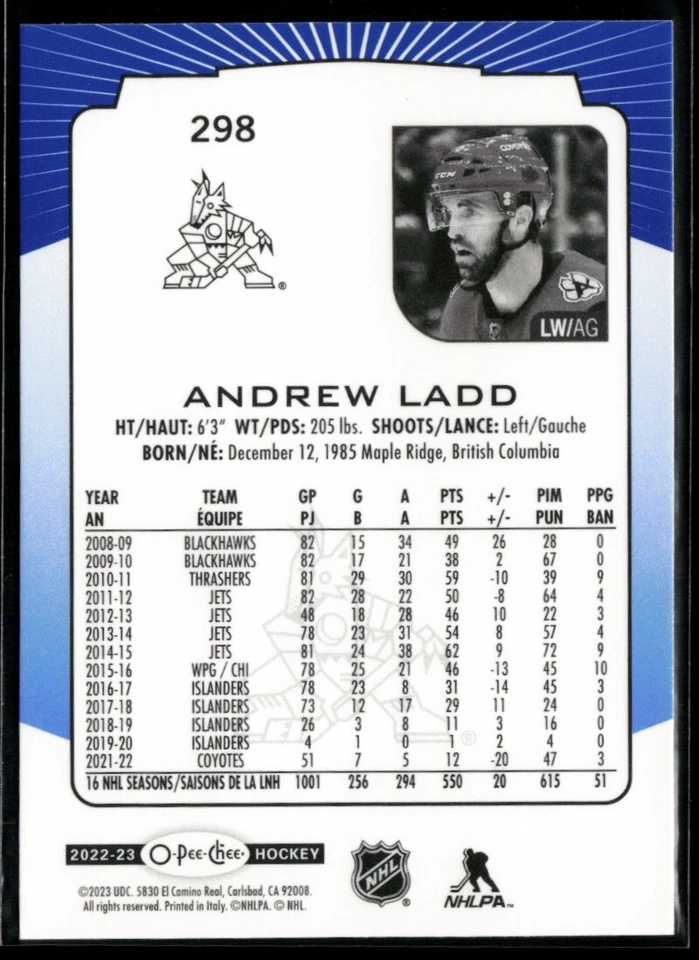 2022-23 O-Pee-Chee Blue Andrew Ladd #298 - Image 2 of 2