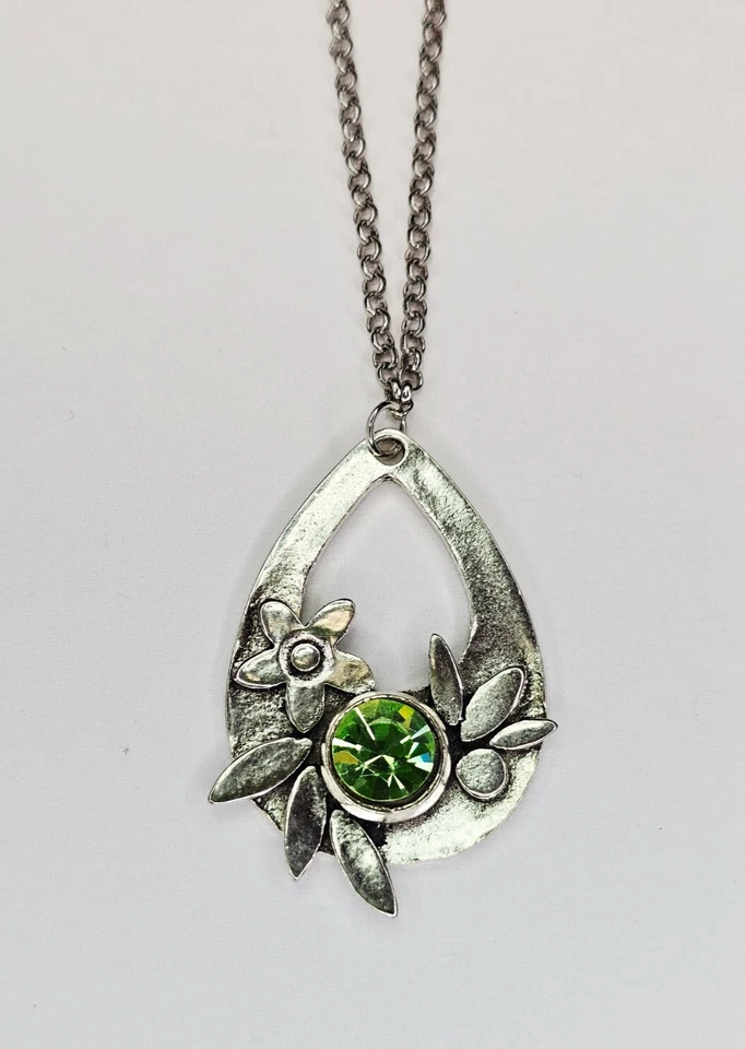 Collar Vintage Cristal Uranio y Plata Floral Abstracto Colgante Lágrima UV Foto 4 de 4