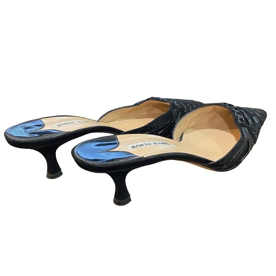 Manolo Blahnik Black Suede Patent Leather Point Toe Mules Sz 42 eBay