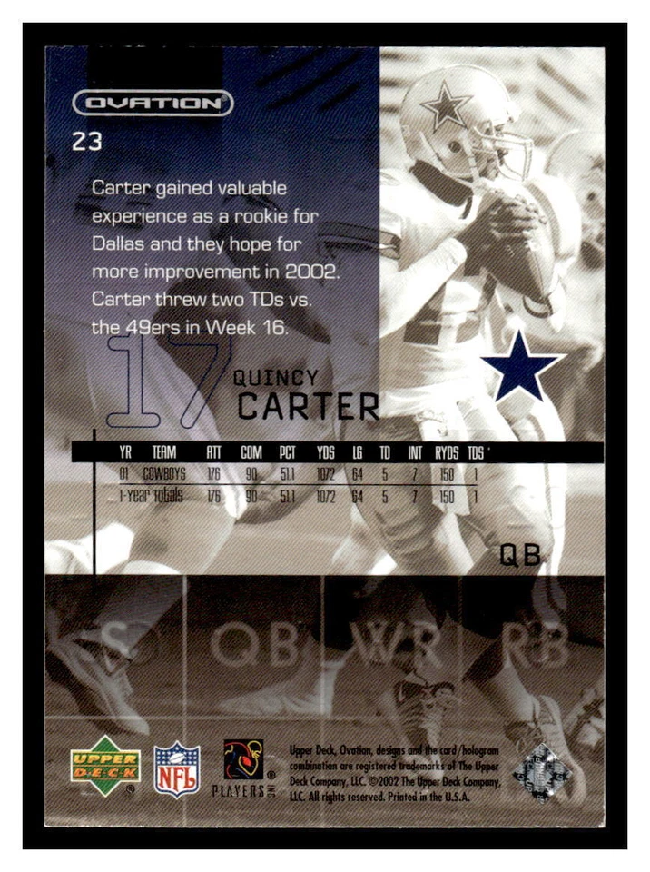 2002 Upper Deck Ovation  #23 Quincy Carter - Dallas Cowboys - Image 2 of 2