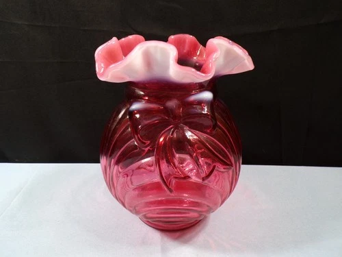 Fenton Cranberry Opalescent Glass Caprice Vase - Bow & Drape Drapery Design