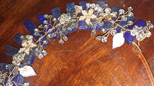 Lapis Lazuli Crown Tiara w/ Rhinestones, Faux Pearls, Leaves.Stunning In Person. - Picture 5 of 6