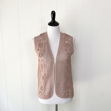 Vintage Pink Crochet Loose Knit Vest Dusty Pink Cottagecore Boho Sz. M Hand Made