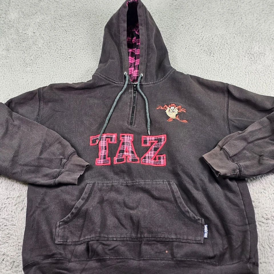 Pulôver Looney Tunes Taz com capuz masculino grande preto rosa xadrez Warner Bros 2001 - Imagem 2 de 4