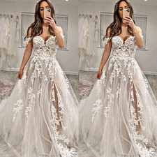 Boho Wedding Dresses Lace Appliques Off Shoulder Side Slit A Line Bridal Gowns