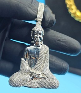 Authentic 4.50Ct Round Cut Natural Moissanite Lord BUDDHA 3D Pendant 14K White Gold Plated