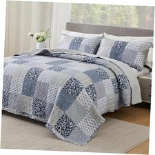 Blue Gray Quilt Set King Size Quilts Patchwork Oversized King 128"x120" Navy