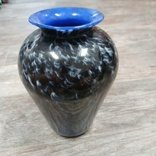 MCM Vase Art Glass Cobalt Blue White Swirls Hand Blown Art Piece Collectible