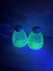 Vintage Uranium Glass Beehive Salt Pepper Shakers Set Green Depression Glass