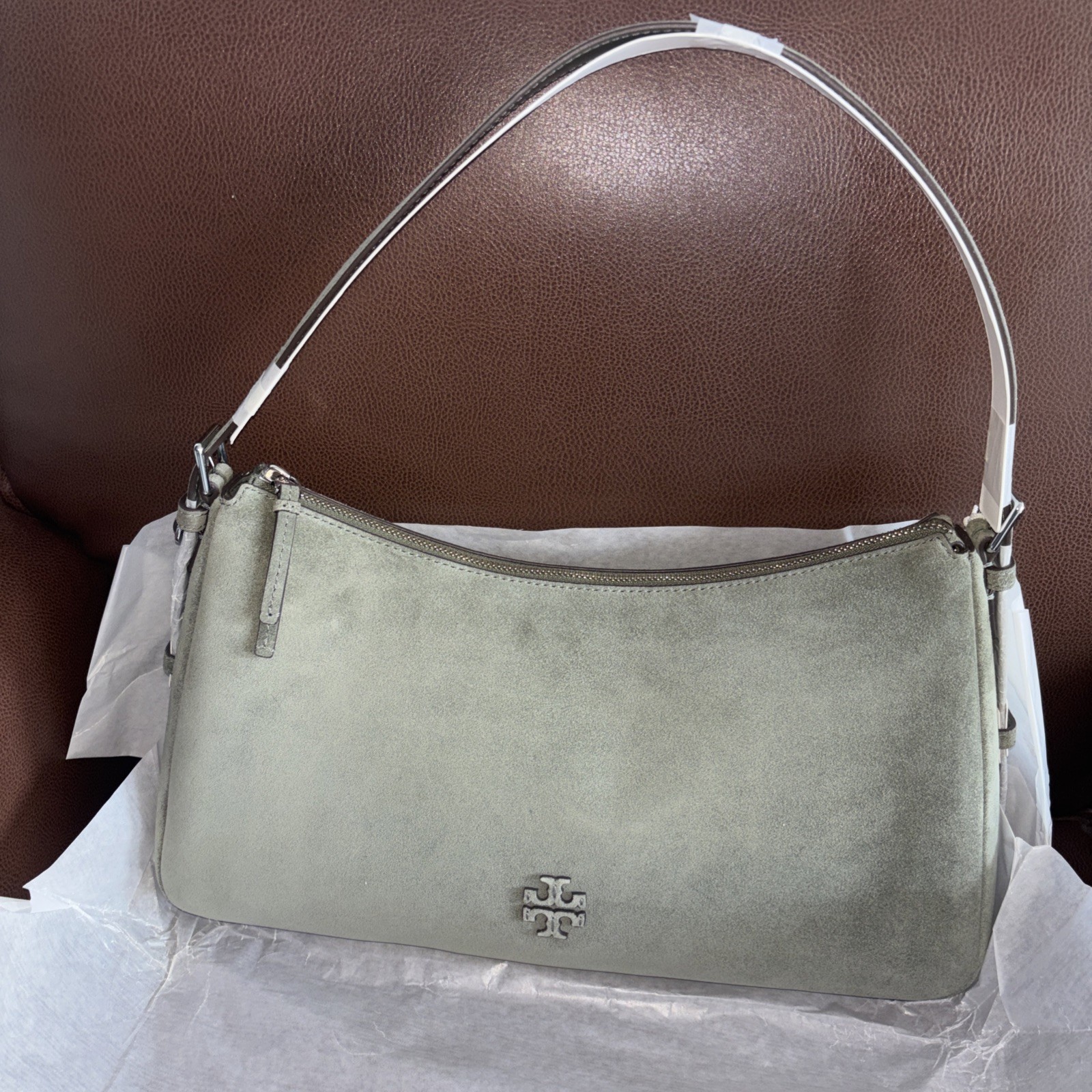 Tory Burch Thea Shoulder Bag Green Zip Top Inner Pockets image 4