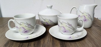 Vtg Colditz Porcelain E Germany Demitasse 2 Cups & Saucers Sugar & Creamer Set