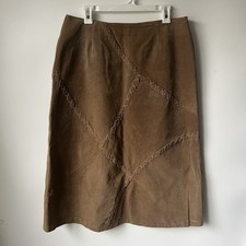 VTG Leather Suede A Line Midi Skirt Sz 12 Tan Western Boho Y2K Crosstitch Accent